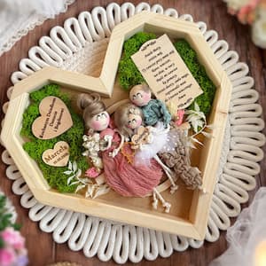 Rękodzieło: personalizowana ramka z figurkami ze sznurka, mchem i drewnianymi sercami, w naturalnym stylu.