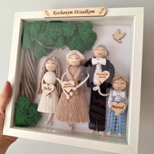 Ramka 3D z figurkami rodziny, personalizowane rękodzieło z włóczki, drewna i mchu.