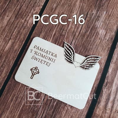 Tabliczka laserowana ze sklejki, pamiątka Komunii Świętej ze skrzydłami.