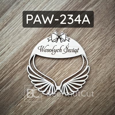 Obręcz ze skrzydłami, laserowo wycinana ze sklejki, ozdoba świąteczna z napisem Wesołych Świąt.
