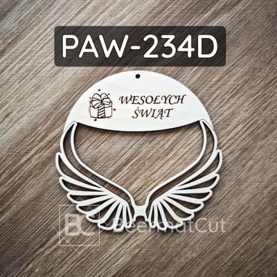 Ozdoba świąteczna, skrzydła na obręczy, wycinana laserowo ze sklejki, z napisem Wesołych Świąt.
