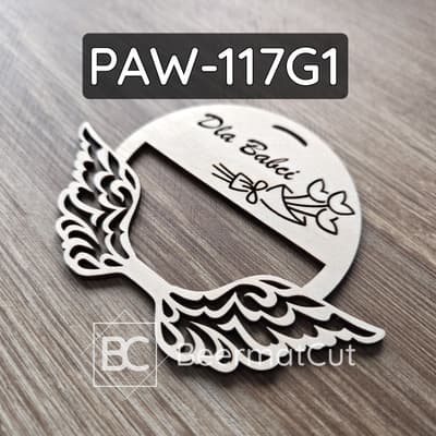 Skrzydła anioła na obręczy, wycinane laserowo ze sklejki, do makramy, z grawerem "Dla Babci".