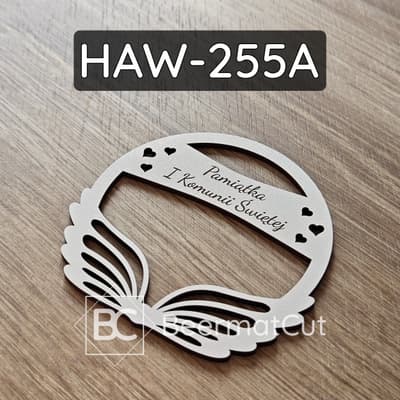 Białe skrzydła na obręczy, laserowo wycinane z HDF, pamiątka I Komunii Świętej.