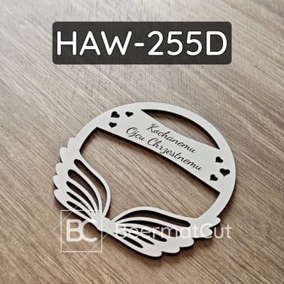 Skrzydła aniołka na obręczy, laserowo wycinane z HDF, z dedykacją dla Ojca Chrzestnego, do dekoracji i rękodzieła.