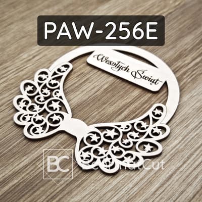 Skrzydła anioła na obręczy, wycinane laserowo ze sklejki, ozdoba świąteczna z napisem "Wesołych Świąt".
