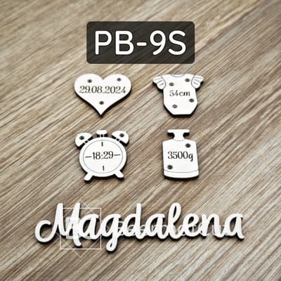 Metryczka dziecięca wycinana laserowo ze sklejki, z imieniem Magdalena i danymi urodzenia.