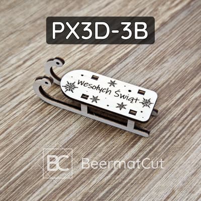 Sanki 3D wycinane laserowo ze sklejki, dekoracja świąteczna z napisem "Wesołych Świąt".