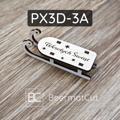 Sanki 3D wycinane laserowo ze sklejki, z napisem "Wesołych Świąt", do dekoracji bożonarodzeniowych.