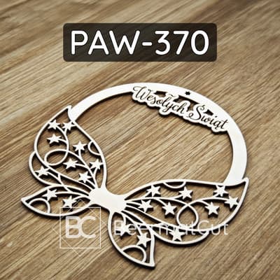 Skrzydła na obręczy, wycinane laserowo ze sklejki, z napisem "Wesołych Świąt", do dekoracji świątecznych.