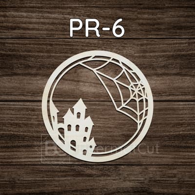 Obręcz do makramy laserowana ze sklejki, motyw Halloween: nawiedzony dom i pajęczyna.