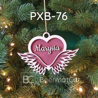 Bombka wycinana laserowo ze sklejki, serce z imieniem "Marysia" na Boże Narodzenie.