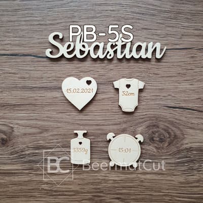 Metryczka z imieniem Sebastian, wyrób z drewna wycinany laserowo, dekoracja dziecięca z danymi urodzenia.